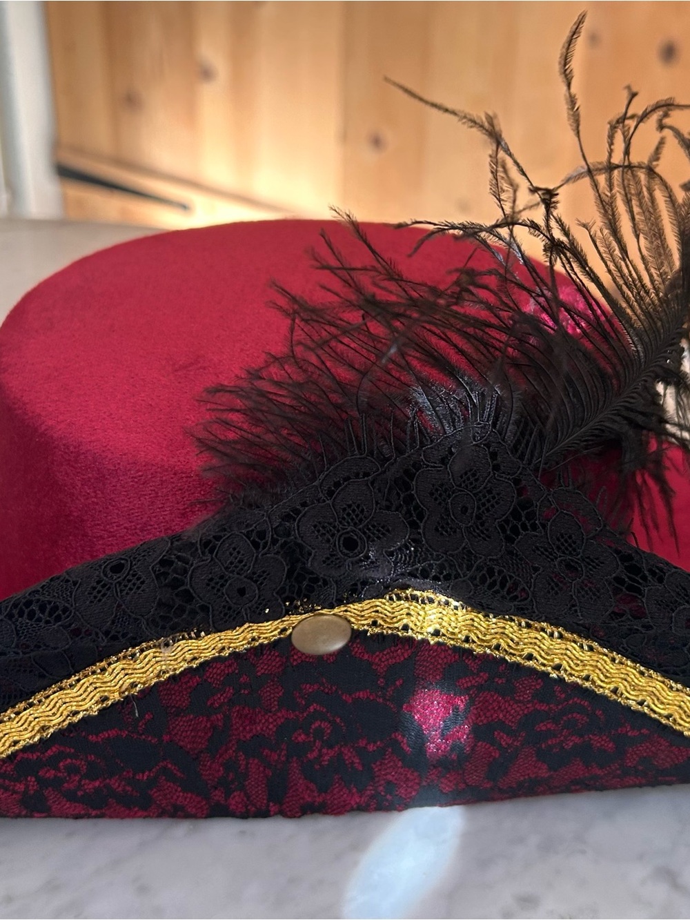 Red velvet and black lace and feather Pirate Hat